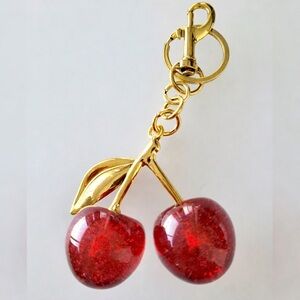 Shiny Red Cherry Charm Gold Tone Purse Charm Keychain 4” Long